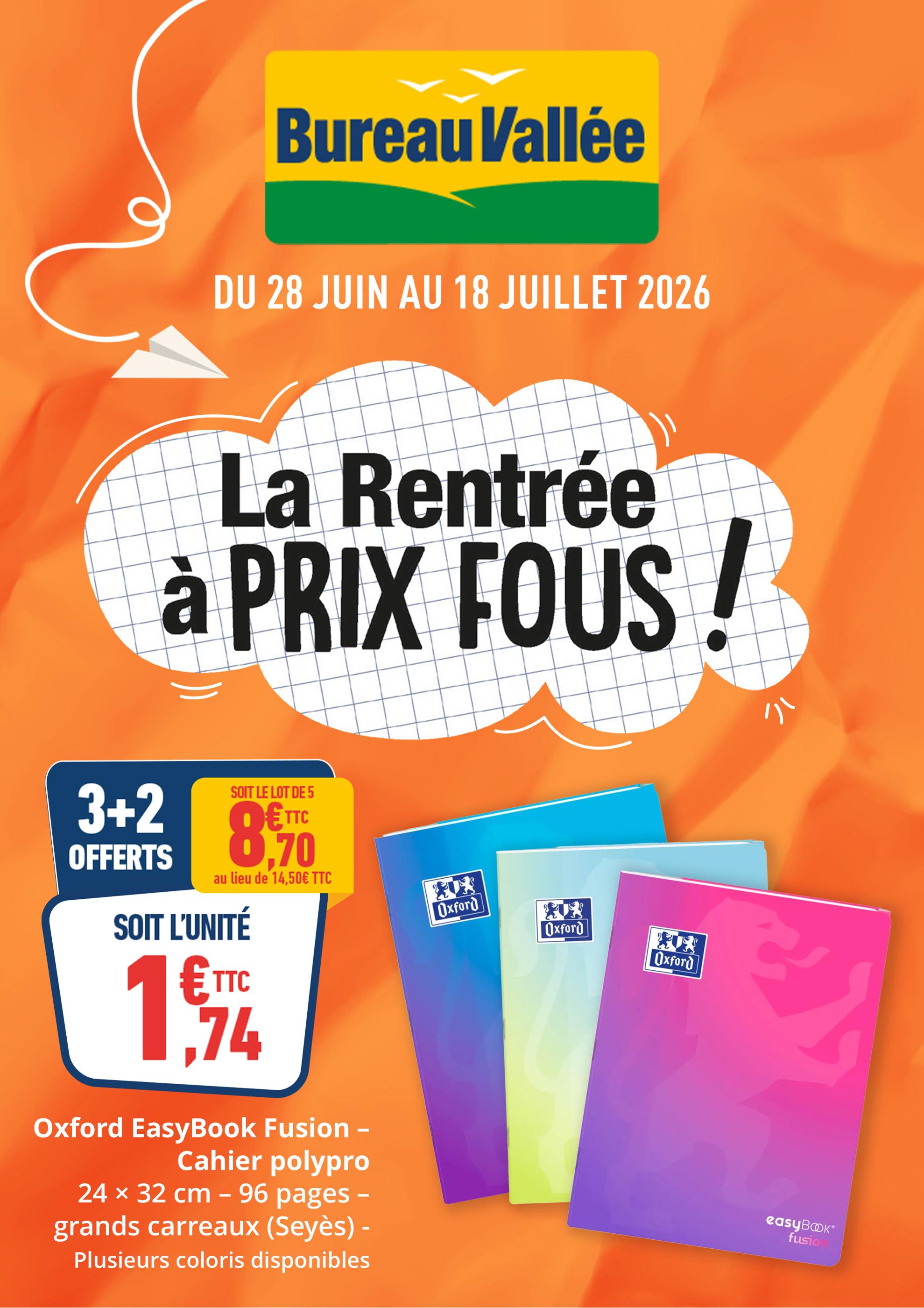 Prospectus Bureau Vallée à Rebais, "La Rentrée à PRIX FOUS !", 1 page, 28/06/2026 - 18/07/2026